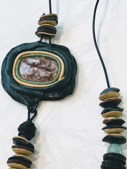 Leather Necklace with Natural Stone and Aventurine Beads